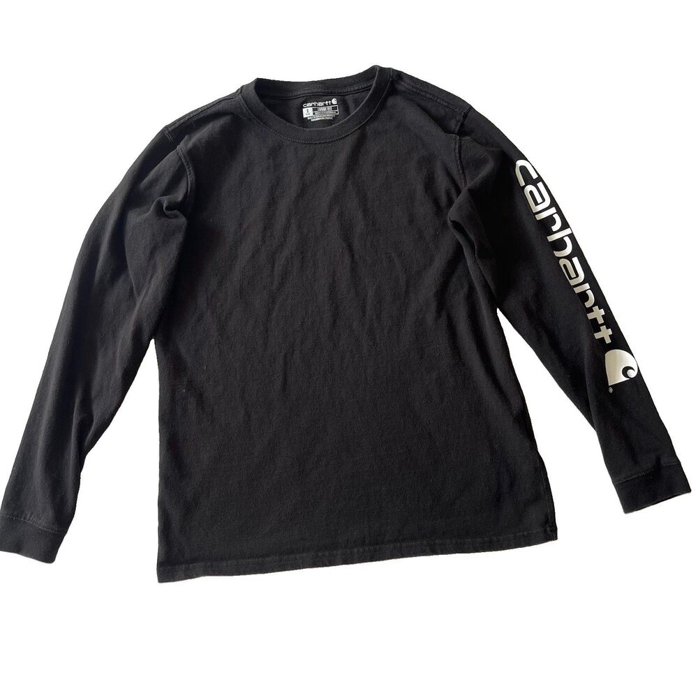 Carhartt Womens S Small Black Loose Fit Long Sleeve Crew Logo Graphic Tee Shirt